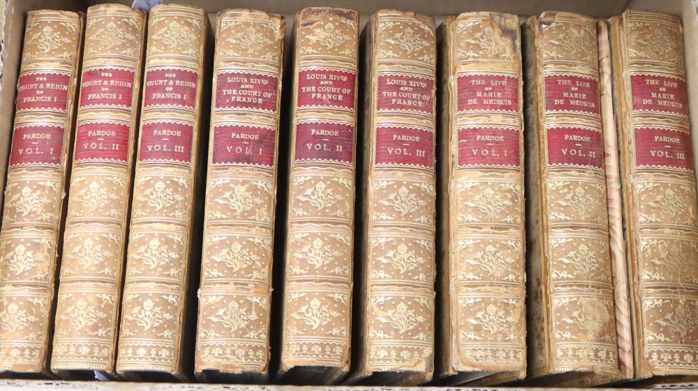 Nine leather-bound historical volumes by Julia Pardoe (some ex-libris William E Cain) and Scotts Waverley Novels,